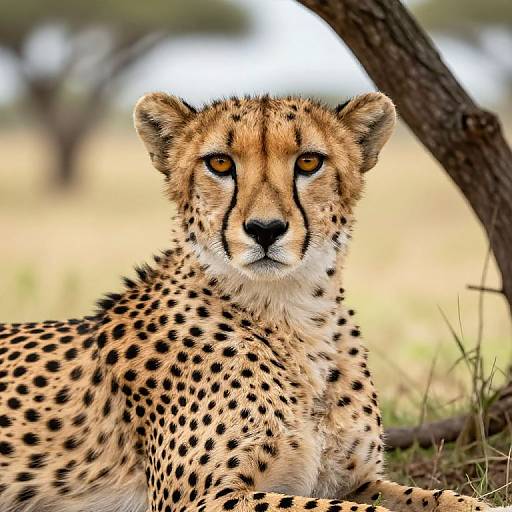 Photograph of a focused cheetah with golden fur and black spots, sitting under a tree in a sunlit savanna.
