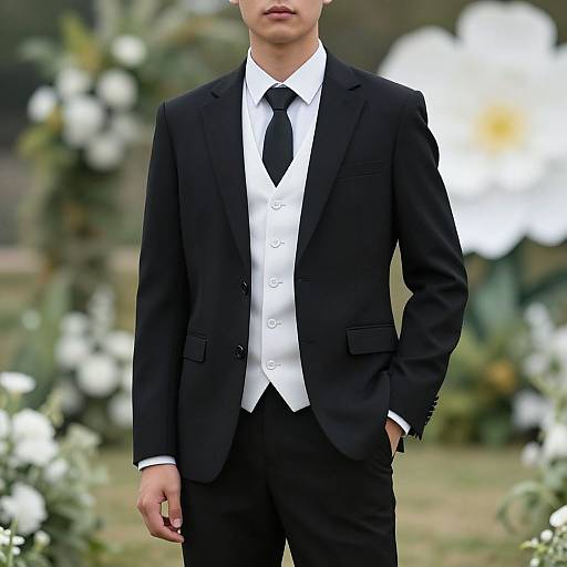 Photograph of a young man in a black suit, white vest, and black tie, standing outdoors with blurred floral background.