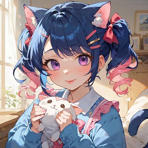 Anime Girl with Cat Ears and Plush in Pastel Room
