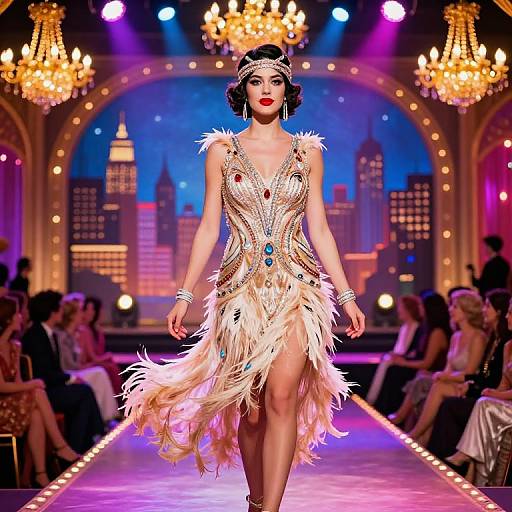 Glamorous fashion model in an Art Deco-inspired, beaded, feathered dress with red gemstones, walks a neon-lit runway under