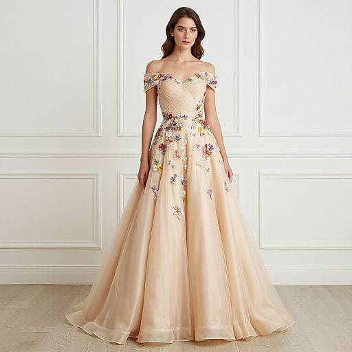 Photograph of a brunette woman in an off-shoulder, cream-colored ball gown with colorful floral embroidery, standing in a bright, white-paneled