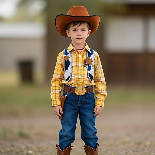 Photograph of a young boy in a cowboy outfit: yellow plaid shirt, blue jeans, brown boots, large brown hat, suspenders, standing