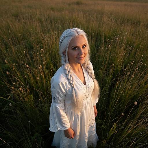 Photograph of a young girl with long, braided white hair, wearing a white, embroidered dress, standing in a sunlit, grassy field