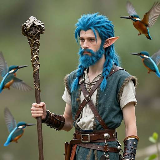 Digital art of a blue-haired, bearded elf with pointed ears holding a staff, surrounded by flying blue and orange kingfishers.