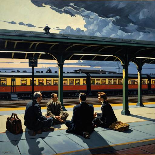 Group Sitting on Train Station Platform at Dusk