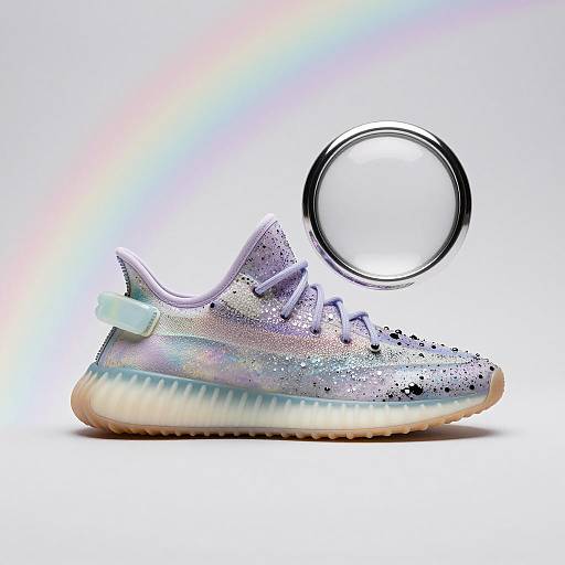 Futuristic Opalescent Yeezy Sneaker with Rainbow Reflection