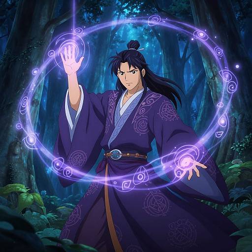 Digital anime-style illustration of a handsome man in a purple kimono, casting a glowing blue magic circle in a dark, enchanted forest.