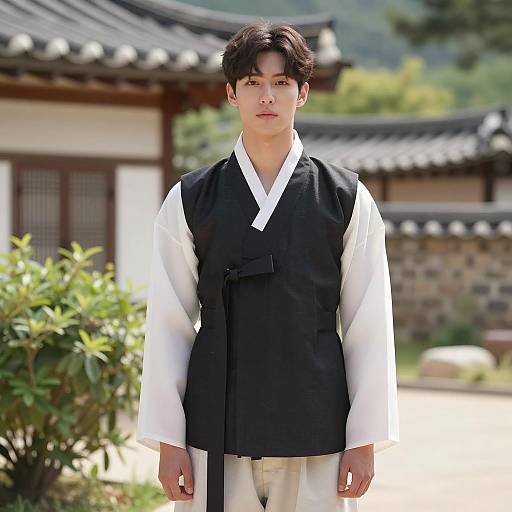 Young Man in Traditional Korean Hanbok Outdoors