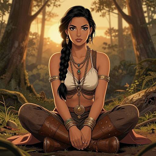 Digital artwork of a dark-haired woman with braided hair, wearing a white crop top, layered necklaces, and brown pants, sitting cross-legged in