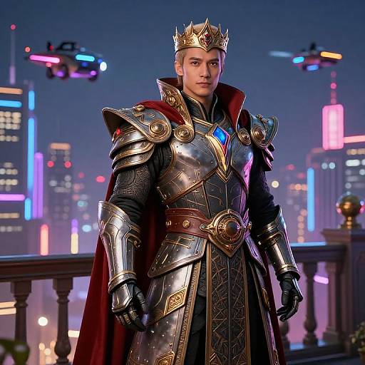 Futuristic Regal Leader Overlooking Neon City