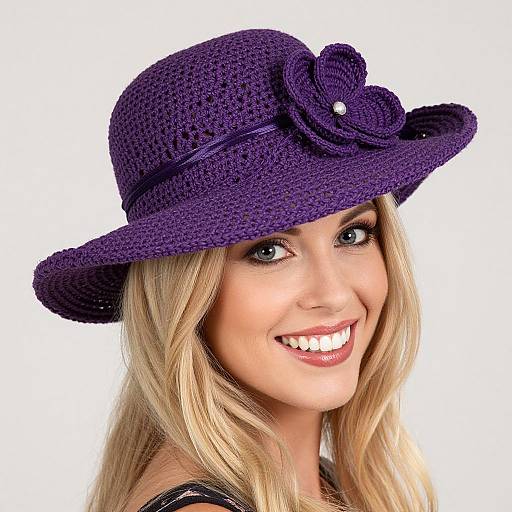 Photograph of a smiling blonde woman with blue eyes, wearing a crocheted purple hat with a floral detail, against a white background.