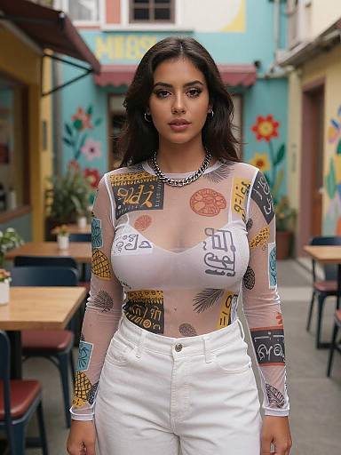 Photograph of a dark-haired woman with medium skin tone, wearing a sheer, long-sleeve top with colorful, abstract designs and white high-w