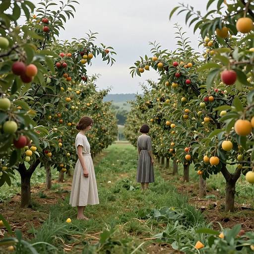 Photograph of two women in a lush apple orchard, standing among rows of trees with red, yellow, and green apples. One in white dress