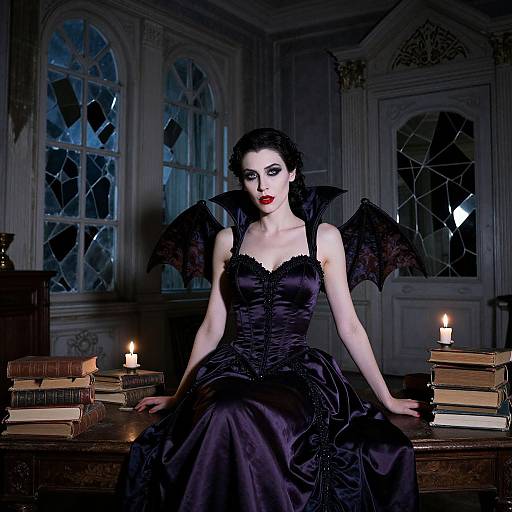 Gothic vampire woman with black wings, red lipstick, and a black satin dress, sits on a desk with candles and books, in a dark