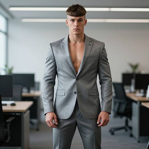 Photograph of a handsome, young, fair-skinned man with short brown hair, wearing an unbuttoned gray suit, standing in a modern office