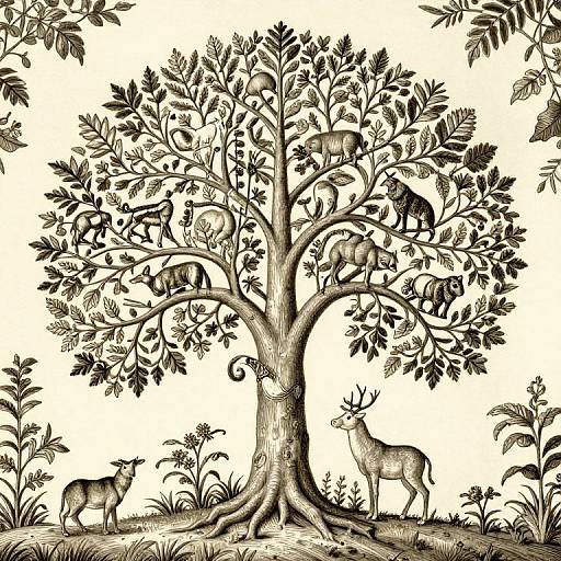 Black and white illustration of a tree with birds, deer, and a rabbit, detailed foliage, and textured trunk.