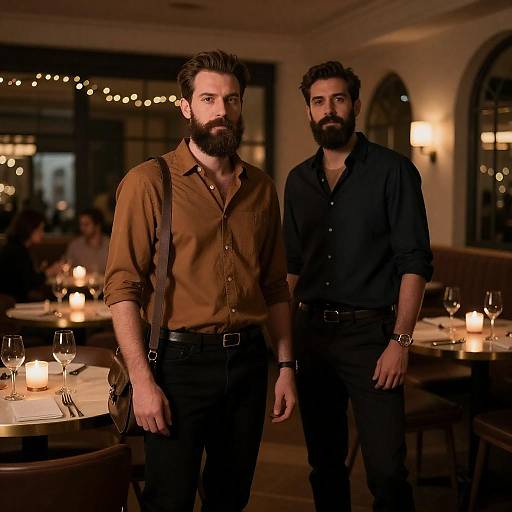 Elegant Restaurant Scene with Bearded Men