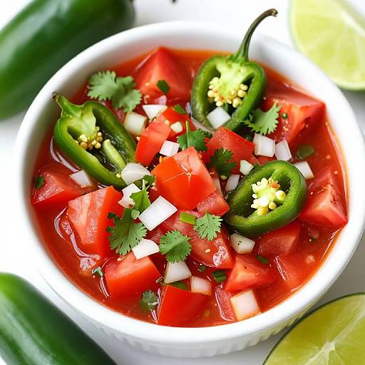 Photograph of a white bowl filled with vibrant red tomato salsa, diced white onions, green jalapeño slices, cilantro, and tomato juice.