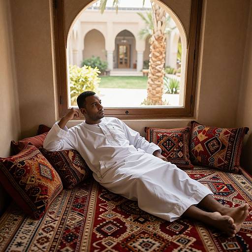 Photograph of a Middle Eastern man in white traditional attire, reclining on ornate red and black patterned cushions, in front of a window overlooking
