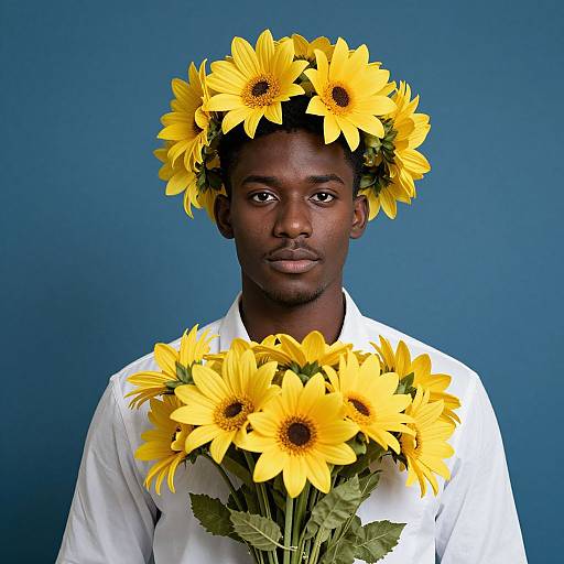 Photograph of a dark-skinned man wearing a white shirt, head adorned with a sunflower crown, holding a sunflower bouquet, against a blue