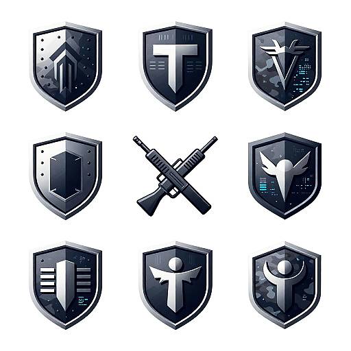 Digital illustration of nine futuristic, dark blue, metallic shield icons with various symbols like guns, wings, and figures, arranged in a 3x3