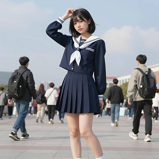 Asian Woman in Sailor School Uniform