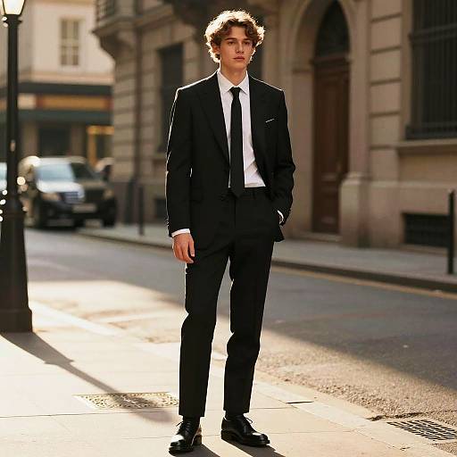 Photograph of a young man with curly brown hair, wearing a black suit, white shirt, and black tie, standing on a sunlit city street