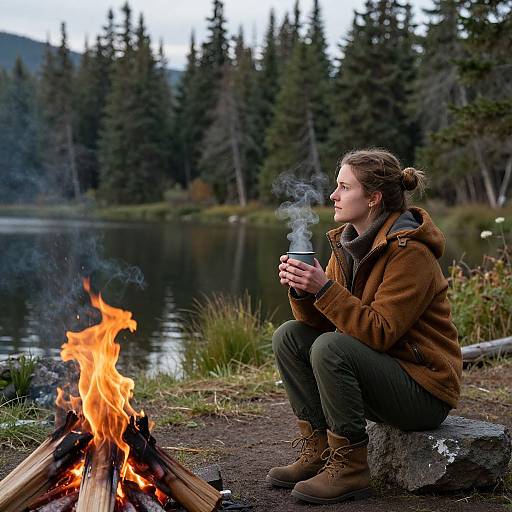Photograph of a woman with brown hair in a bun, wearing a brown jacket, green pants, and boots, sitting by a campfire by a