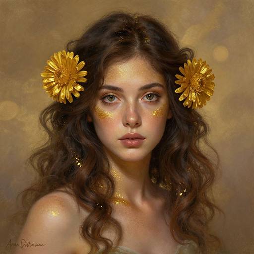 Digital portrait of a young woman with long, wavy brown hair, wearing golden flower headpieces and shimmering gold face paint, against a golden bo