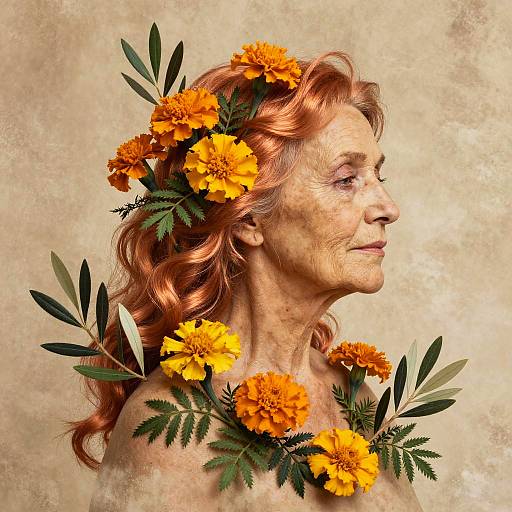 Elderly Woman with Floral Copper Hair
