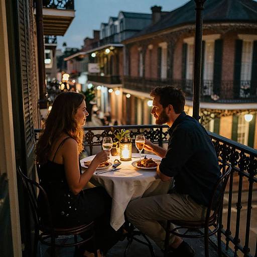 Photograph of a romantic evening on a balcony, a couple with long brown hair and beard, dressed in dark clothes, dining under soft lights with a