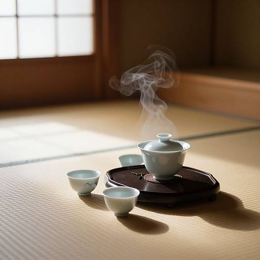 Photograph of a traditional Japanese tea set with steam rising, placed on a dark tray on a tatami mat floor. Sunlight filters through a wooden