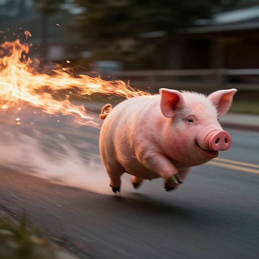 Photograph of a pink pig with flaming tail running fast on a road, leaving bright orange flames and white smoke behind. Urban background blurred.