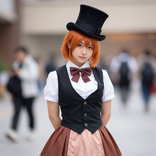 Photograph of a young woman with red bob haircut, wearing a black top hat, white shirt, black vest, brown bow tie, and brown skirt