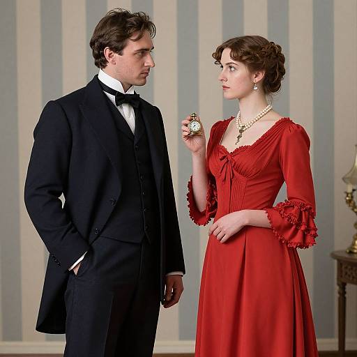 Photograph of a brown-haired man in a black tuxedo and a brunette woman in a red dress, holding a small box, standing against striped