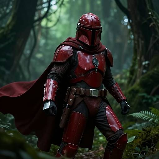 Digital art of a red-armored, helmeted warrior in a forest, with a red cape flowing, standing amidst lush greenery.