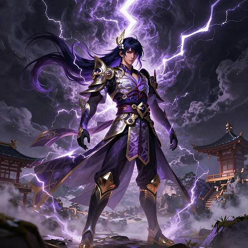 Digital art of a powerful, purple-haired warrior with glowing armor, surrounded by electric purple lightning, standing in a stormy, traditional Asian temple courtyard.