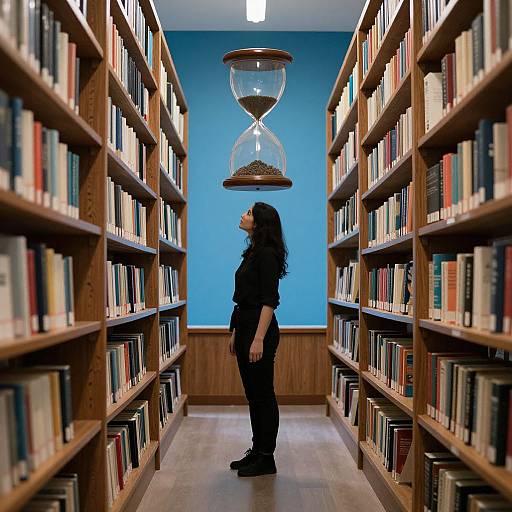 Photograph of a woman with long black hair, wearing a black outfit, standing in a library aisle with blue walls, flanked by wooden booksh