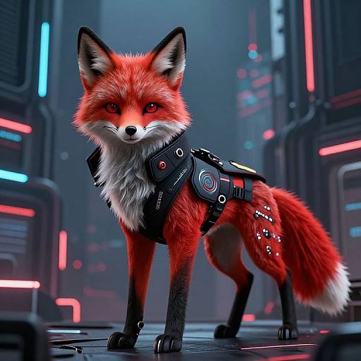 CGI cyber-fox with vibrant red fur, black harness, and glowing red eyes stands in a futuristic, neon-lit cityscape.