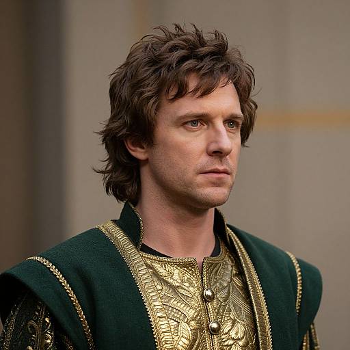 Photograph of a handsome, fair-skinned man with tousled brown hair, wearing a dark green, intricately gold-embroidered Renaissance-style