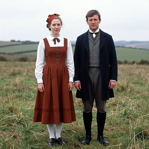 Photograph of a Caucasian couple in traditional Irish clothing; woman in brown dress and white blouse, man in black coat and grey vest, standing in a