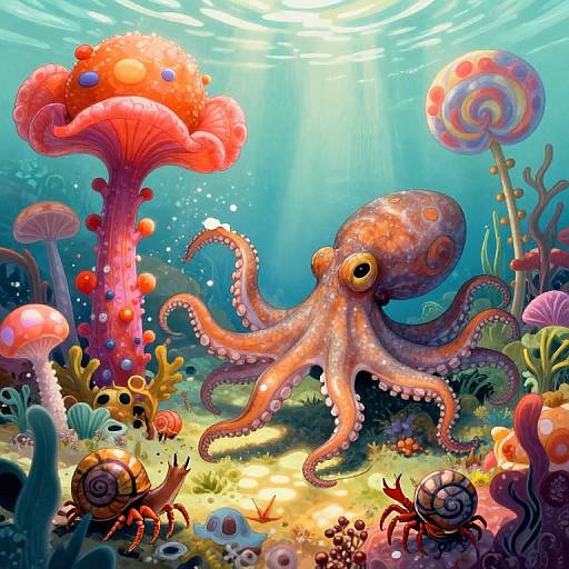Vibrant underwater scene: colorful coral, mushrooms, and sea anemones surround a large, glowing orange octopus with dotted tentacles. Sun