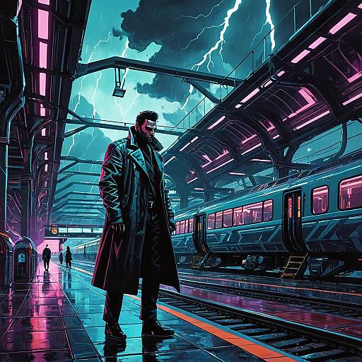 Cyberpunk Detective at Futuristic Train Station