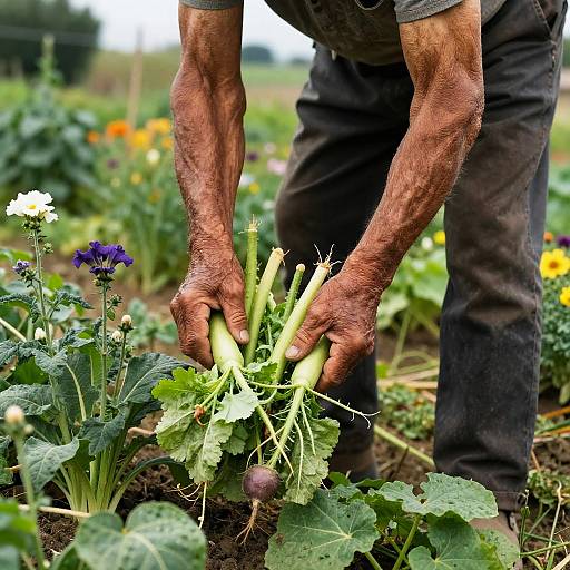 Photograph of an elderly man with weathered arms, wearing dark pants, digging up vibrant green radishes in a colorful garden.