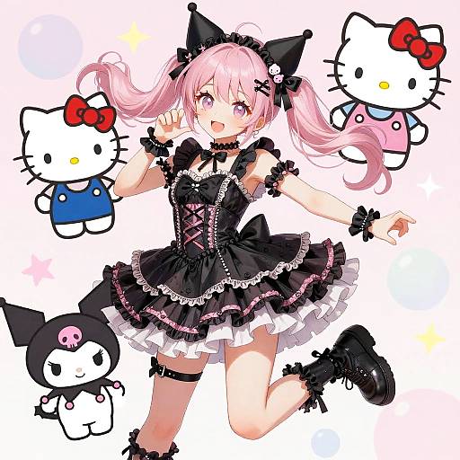 Anime-style digital drawing of a pink-haired girl in black gothic lolita dress, surrounded by four Hello Kitty characters, jumping joyfully.