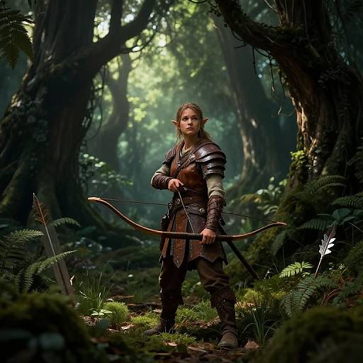 Digital artwork of a young, blonde elf warrior with pointed ears, wearing dark armor and holding a bow in a dense, misty forest.