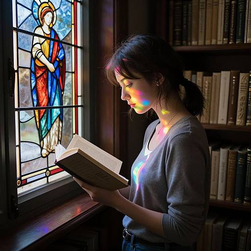 Photograph of a woman with dark hair, wearing a gray sweater, reading a book illuminated by colorful stained glass window light in a library.