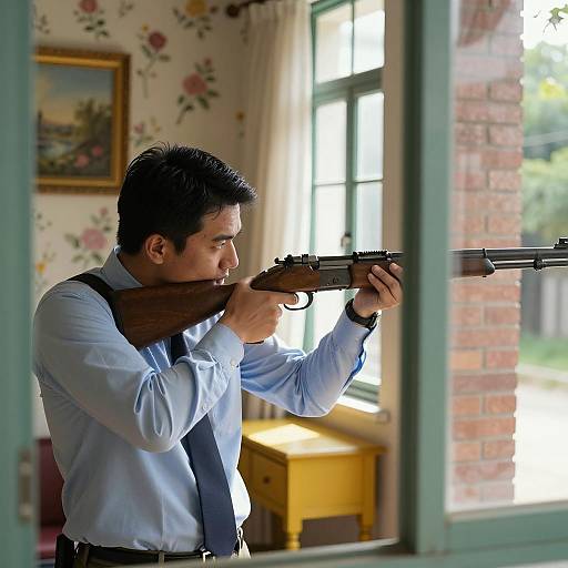 Focused Man Aiming Rifle by Window