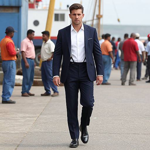 Photograph of a handsome, brown-haired man in a navy pinstripe suit, white shirt, walking confidently on a busy, industrial dock.
