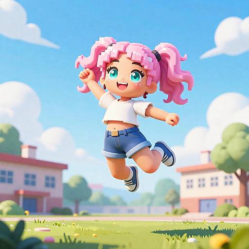 Happy Pixel-Art Girl Jumping Joyfully